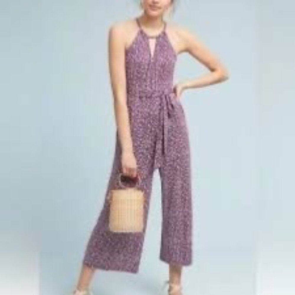 Maeve Anthropologie Halter wide leg Jumpsuit Large Purple Floral Print sz Large - Picture 2 of 10